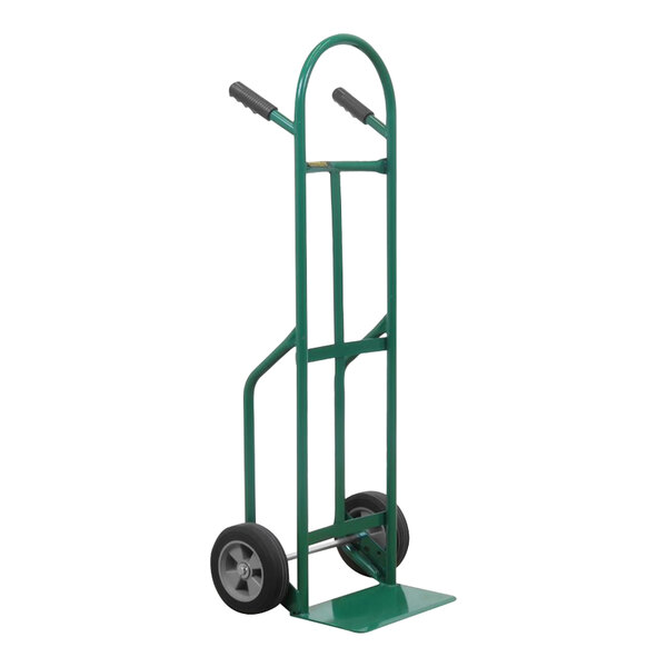 A green Wesco Industrial Products hand truck with black wheels and dual pin handles.