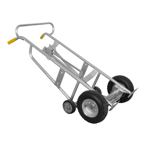 A silver Wesco Industrial Products hand truck with black and white wheels.