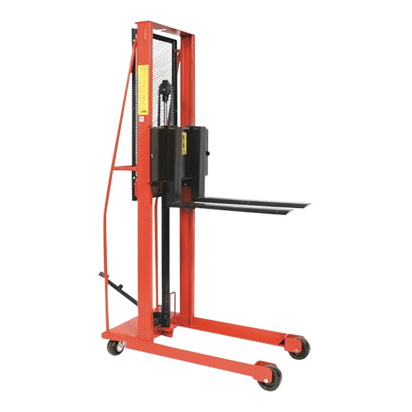 A red and black Wesco Industrial Products straddle fork stacker.