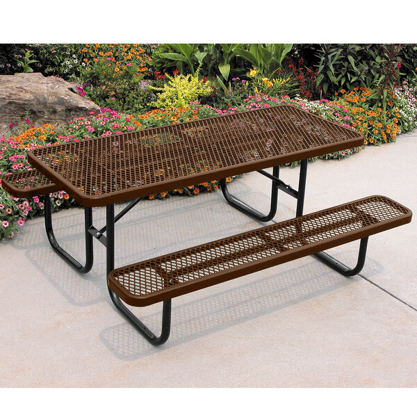 An Ultra Site brown metal picnic table with benches.