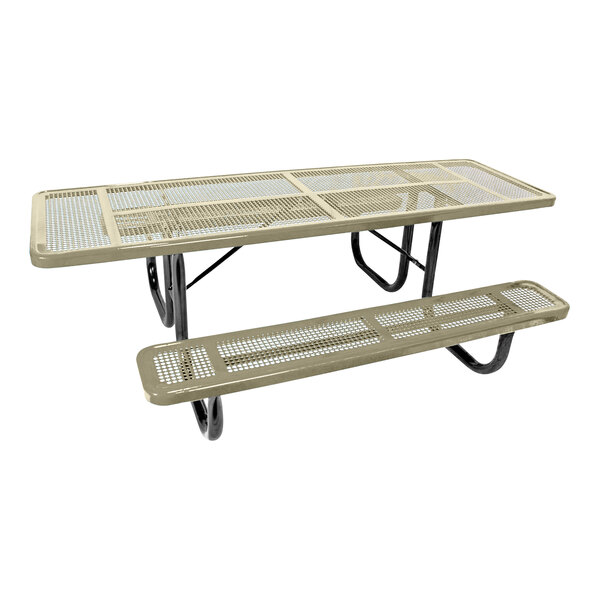 An Ultra Site beige rectangular picnic table with two benches and a metal grate with holes.
