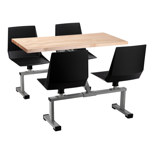A National Public Seating butcher block table with black swivel chairs.