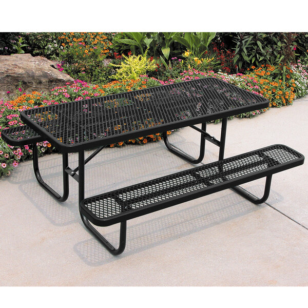 A black metal Ultra Site rectangular picnic table with a metal bench.