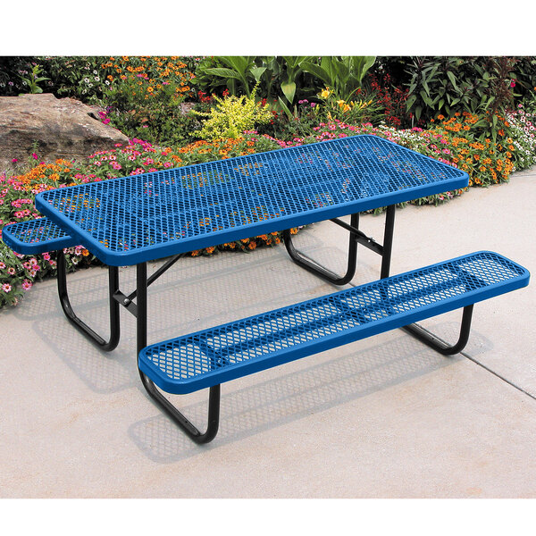 An Ultra Site blue rectangular picnic table with two benches on a concrete surface.