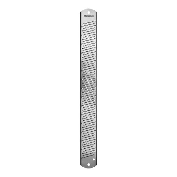 A stainless steel Microplane zester blade with a metal handle.