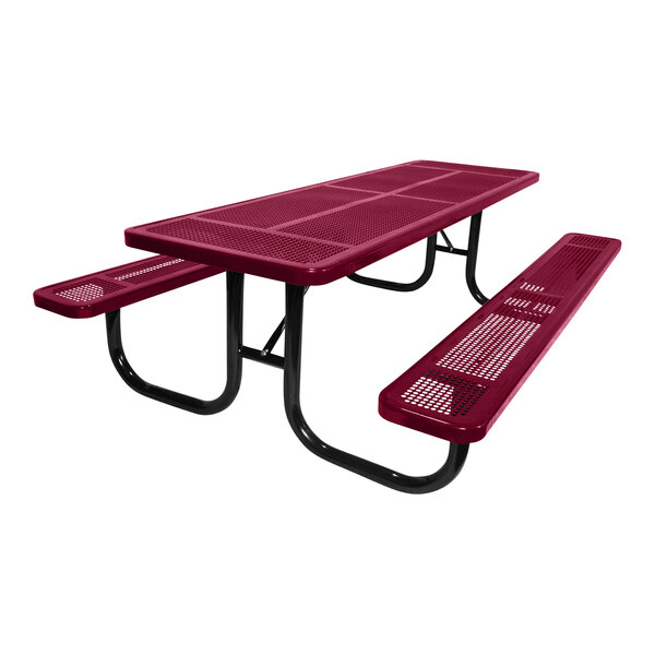 A burgundy rectangular heavy-duty picnic table with benches.