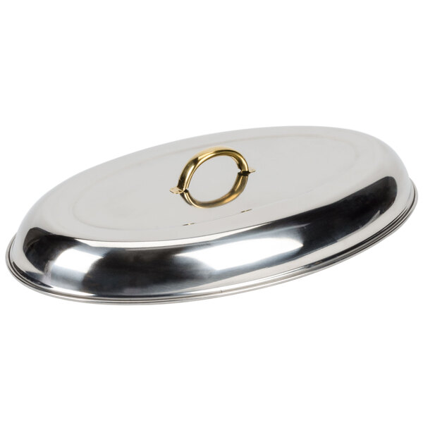 A silver chafer lid with gold trim.