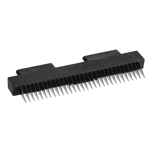 A black rectangular comb with sharp teeth.