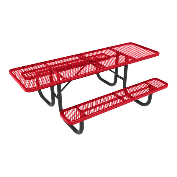 A red Ultra Site rectangular picnic table with two benches.
