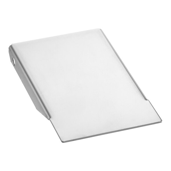 A large stainless steel rectangular plate with a metal edge and a hole in the corner.