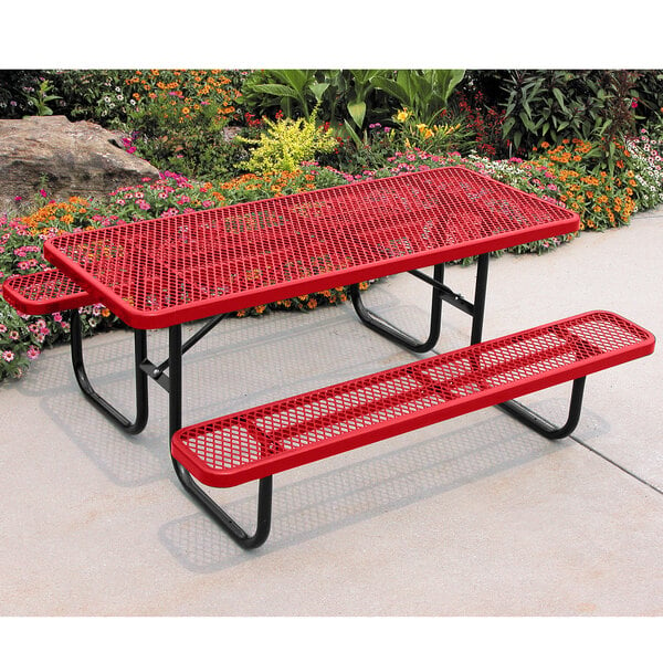 An Ultra Site red rectangular picnic table with black legs.