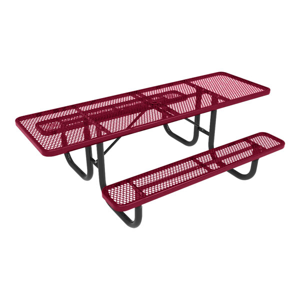 A burgundy rectangular picnic table with benches.
