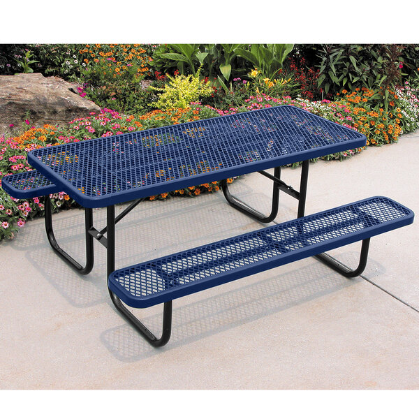 An Ultra Site blue rectangular picnic table with metal legs.