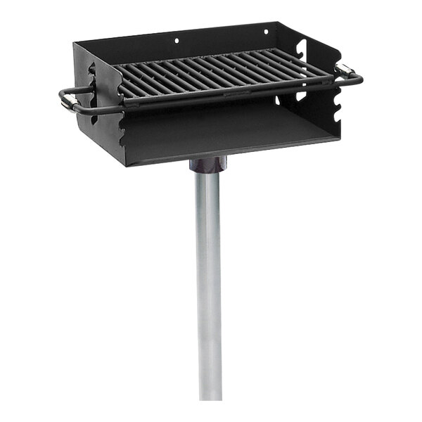 A black Ultra Site pedestal grill on a pole.