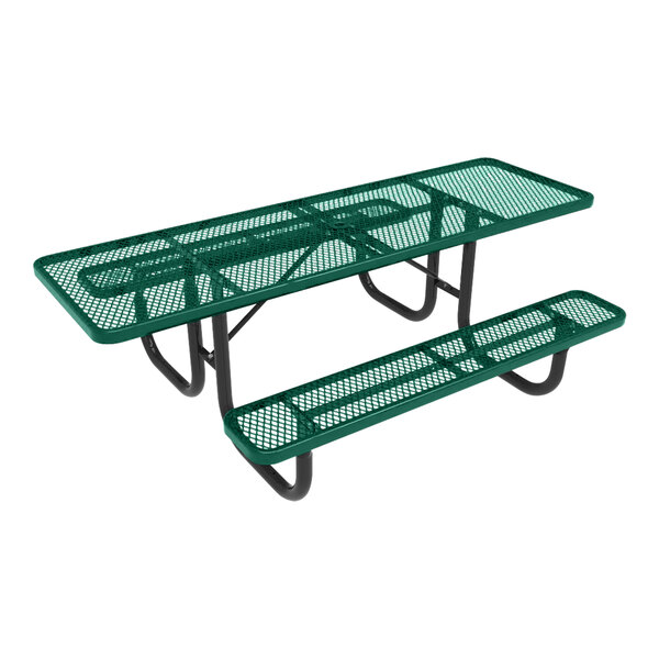 An Ultra Site green rectangular picnic table with two benches.