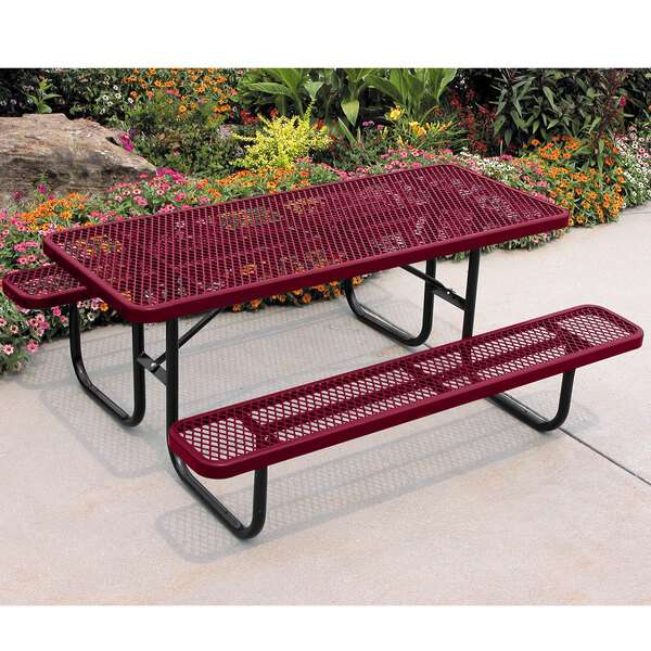 An Ultra Site burgundy rectangular picnic table with metal legs.