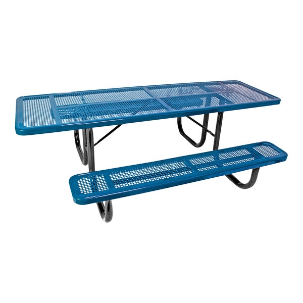 A blue metal Ultra Site picnic table with two benches.