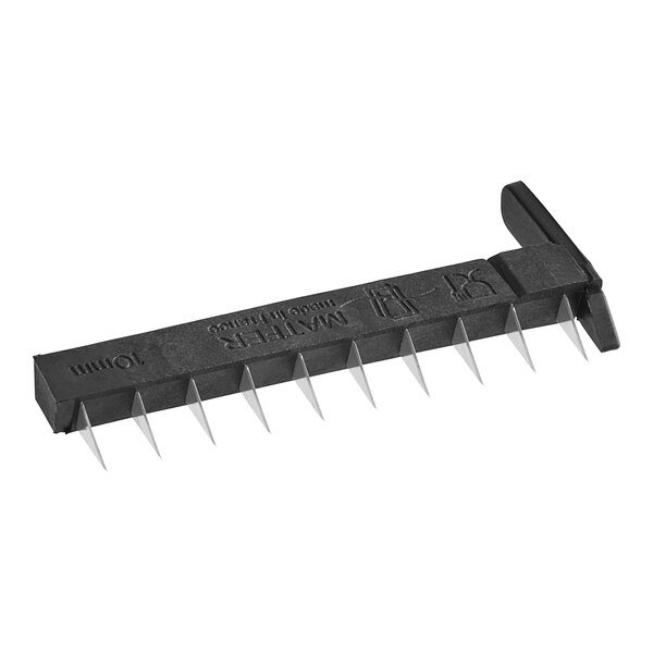 A black rectangular stainless steel blade with sharp spikes on it.
