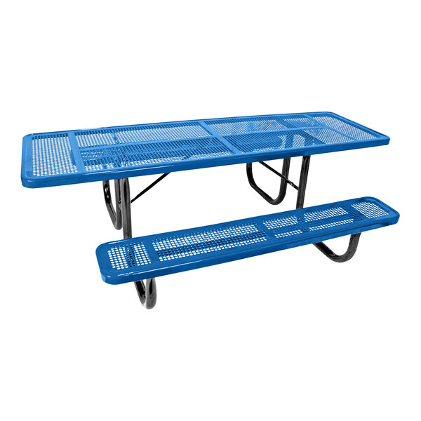An Ultra Site blue metal rectangular picnic table with two benches.