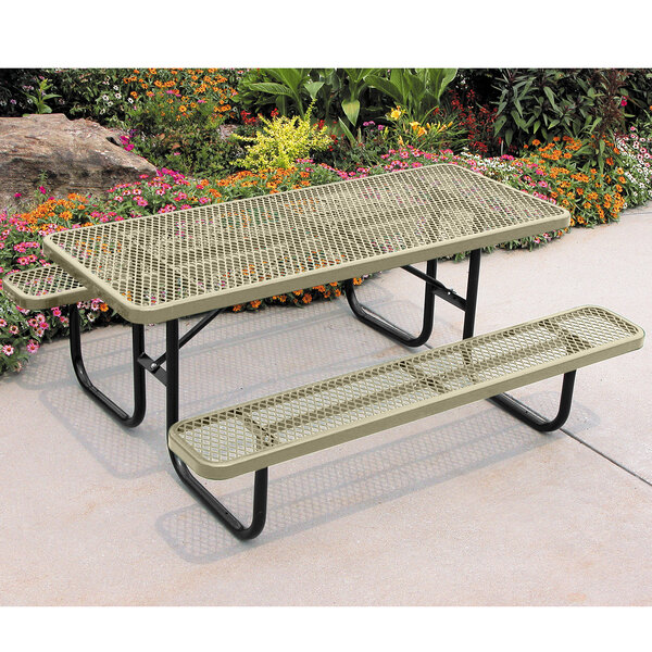 An Ultra Site beige double-sided ADA rectangular picnic table with metal surfaces and attached benches.