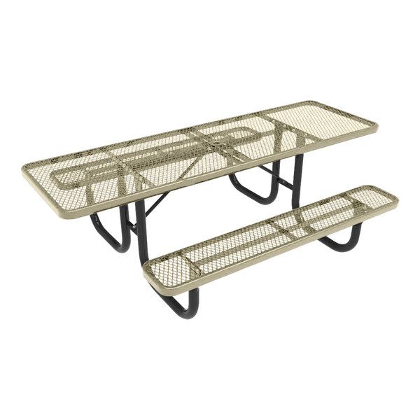 An Ultra Site beige rectangular picnic table with metal frames and two benches.