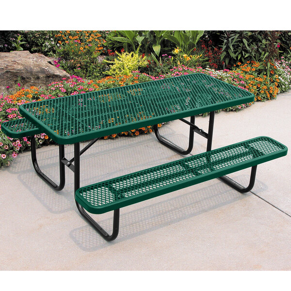 An Ultra Site green heavy-duty rectangular picnic table with benches.
