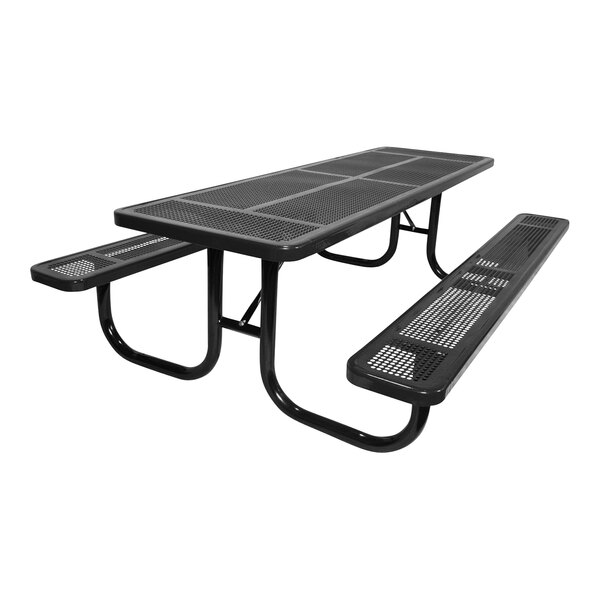 A black rectangular Ultra Site picnic table with perforated surfaces and two benches.