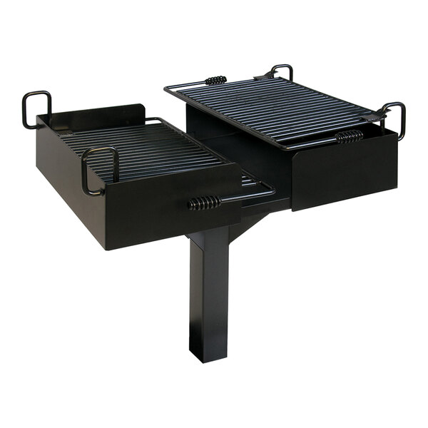 A black Ultra Site inground mount grill with two metal racks.
