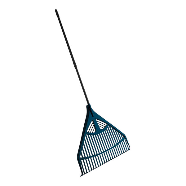 A Suncast blue plastic rake with a long handle.