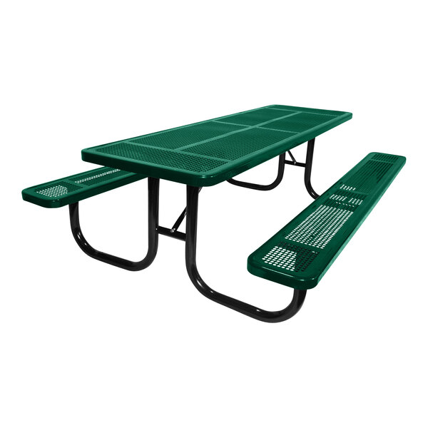 A green rectangular Ultra Site picnic table with perforated holes and benches.