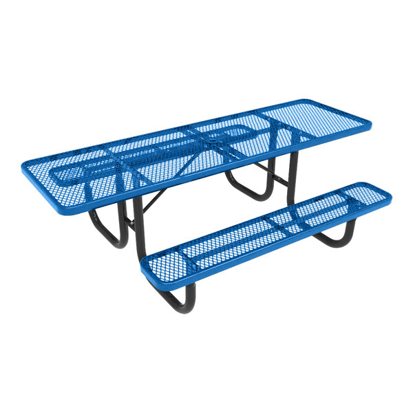 A blue Ultra Site rectangular picnic table with two benches.
