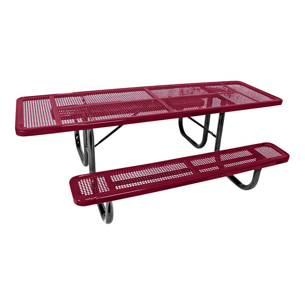 An Ultra Site red metal picnic table with two benches.