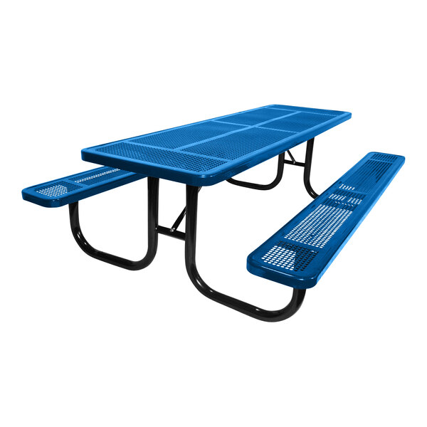 A blue heavy-duty rectangular Ultra Site picnic table with benches and perforated metal surfaces.