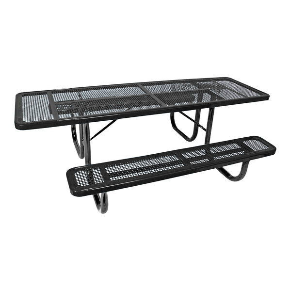 An Ultra Site black rectangular picnic table with metal grate on the top and benches on the sides.