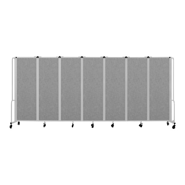 A National Public Seating gray room divider with wheels.