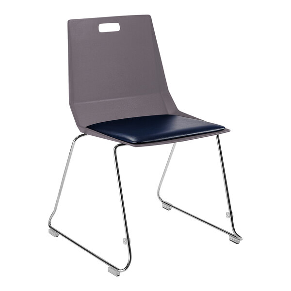 A National Public Seating LuvraFlex chair with a blue seat and chrome legs.