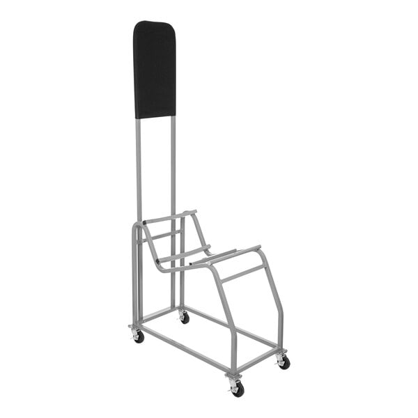 A black and grey rectangular metal dolly with wheels and a handle.