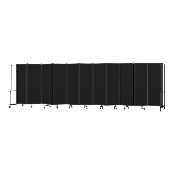 A black rectangular National Public Seating mobile room divider with wheels.