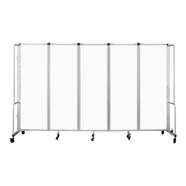 A white National Public Seating mobile room divider with gray wheels.