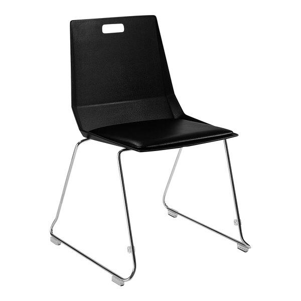 A National Public Seating black LuvraFlex chair with black padded seat and chrome legs.