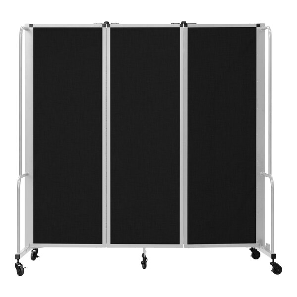 A National Public Seating Robo room divider with black screens on wheels.
