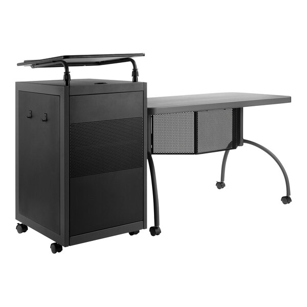 A black Oklahoma Sound Teacher's WorkPod mobile desk with a laptop on a black stand.