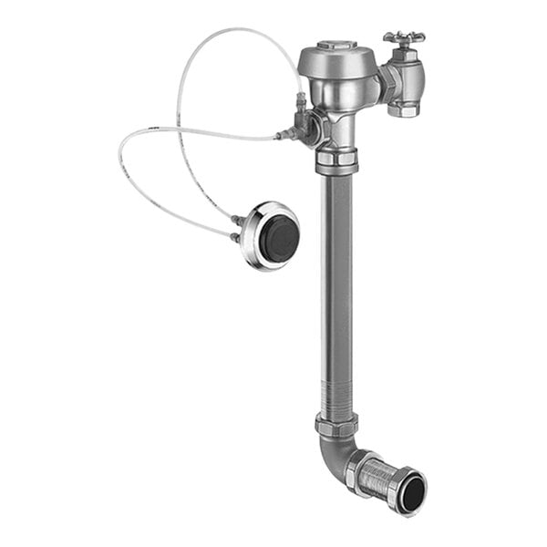 A Sloan Royal rough brass single flush water closet flushometer with a silver pipe attached.