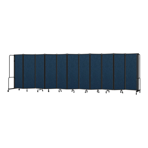 A blue room divider screen with a black metal frame and wheels.
