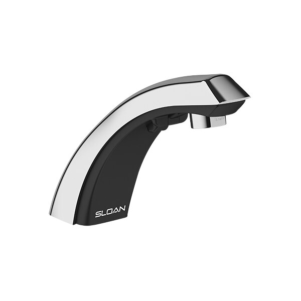 A black and silver Sloan deck mount sensor faucet with a chrome trim plate.