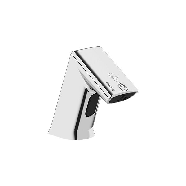 A Sloan brushed stainless steel deck mount sensor soap dispenser with a black button.