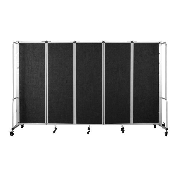 A black room divider with gray trim and wheels.