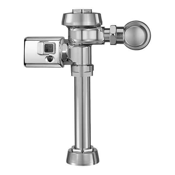 A close-up of a Sloan polished chrome metal water closet flushometer with a battery pack.