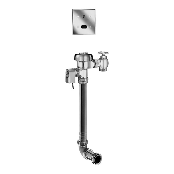 A Sloan brass dual flush water closet flushometer with a metal pipe and valve.