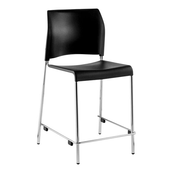 A National Public Seating black plastic cafetorium stool with chrome legs.